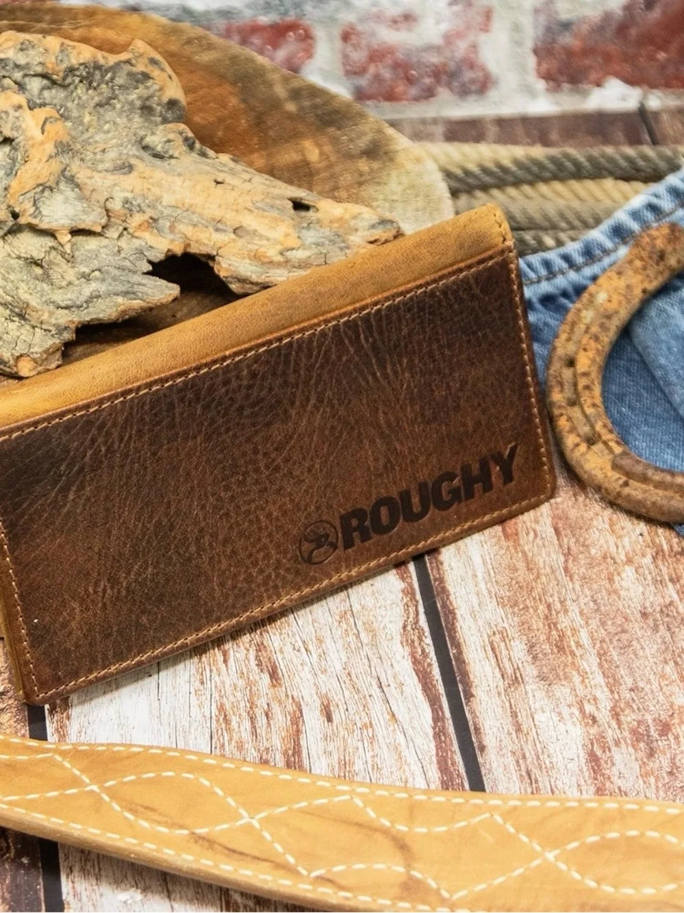 Hooey Brown Leather Checkbook Wallet with Embossed Logo